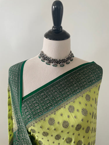 Chiffon Saree from Banaras | Light and Dark Green | Silver and Black Zari | Handwoven | Ships from California